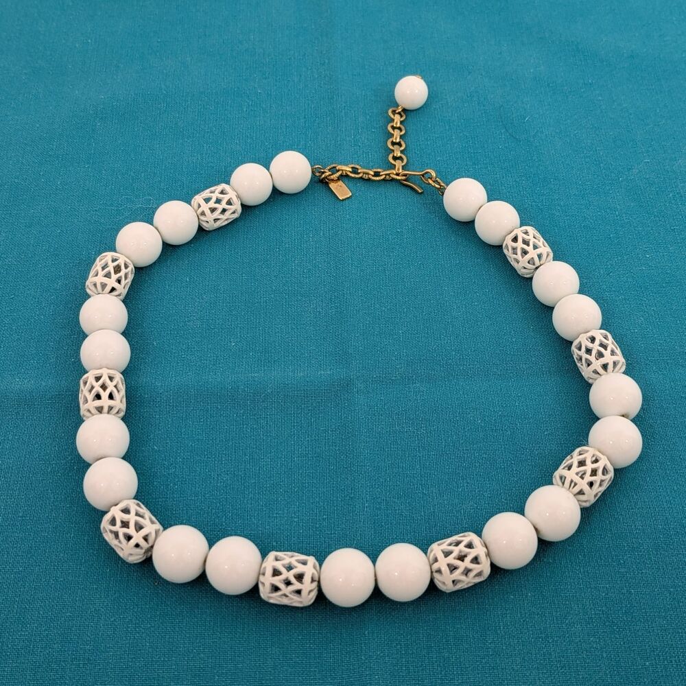 Vintage 1960s Monet "Georgette" White Enamel Filigree Lace Bead Necklace
